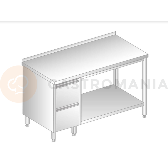Stół przyścienny ze stali nierdzewnej z 2 szufladami i półką 1800x600x850 mm | DORA METAL, DM-3114