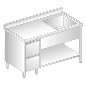 Stół przyścienny ze stali nierdzewnej ze zlewem, 2 szufladami, półką, rantem puszkowym i kapinosem 1300x600x850 mm | DORA METAL, DM-S-3203