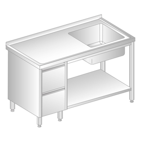 Stół przyścienny ze stali nierdzewnej ze zlewem, 2 szufladami i półką 1900x700x850 mm | DORA METAL, DM-3203