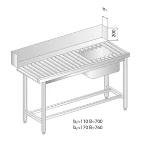 Stół załadowczy rolkowy do zmywarek ze stali nierdzewnej ze zlewem 1500x760x850 mm | DORA METAL, DM-3276