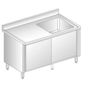 Stół przyścienny ze stali nierdzewnej ze zlewem, szafką z drzwiami suwanymi, rantem puszkowym i kapinosem 800x600x850 mm | DORA METAL, DM-S-3211