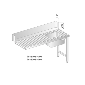 Stół załadowczy rolkowy do zmywarek ze stali nierdzewnej ze zlewem 1300x700x850 mm | DORA METAL, DM-3275