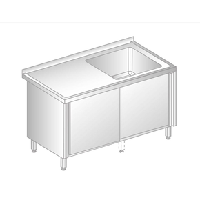 Stół przyścienny ze stali nierdzewnej ze zlewem i szafką z drzwiami suwanymi 800x600x850 mm | DORA METAL, DM-3211
