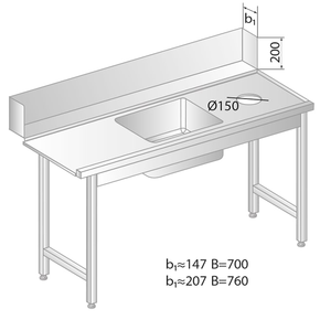 Stół załadowczy do zmywarek ze stali nierdzewnej z otworem na odpadki i zlewem 1800x760x850 mm | DORA METAL, DM-3257