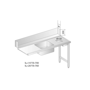 Stół załadowczy do zmywarek ze stali nierdzewnej z otworem na odpadki i zlewem 1600x760x850 mm | DORA METAL, DM-3268