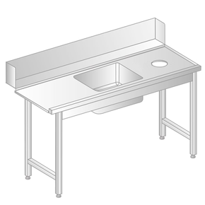 Stół załadowczy do zmywarek ze stali nierdzewnej z otworem na odpadki i zlewem 1500x700x850 mm | DORA METAL, DM-3257