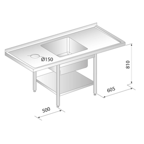 Stół przyścienny ze stali nierdzewnej z miejscem na zmywarkę, otworem na odpadki, zlewem i półką 2200x700x850 mm | DORA METAL, DM-3229