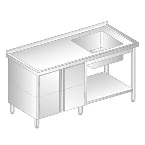 Stół przyścienny ze stali nierdzewnej ze zlewem, szafką i półką 2700x700x850 mm | DORA METAL, DM-3206