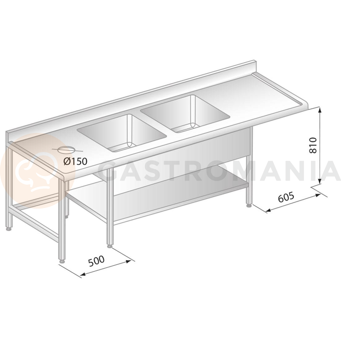 Stół przyścienny ze stali nierdzewnej z miejscem na zmywarkę, otworem na odpadki, 2 zlewami, półką, rantem puszkowym i kapinosem 2400x700x850 mm | DORA METAL, DM-S-3230
