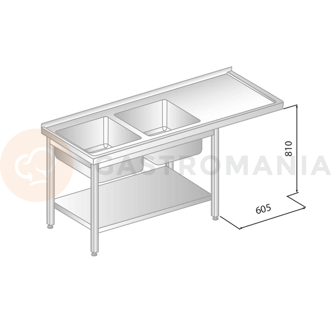 Stół przyścienny ze stali nierdzewnej z miejscem na zmywarkę, 2 zlewami i półką 2200x600x850 mm | DORA METAL, DM-3273