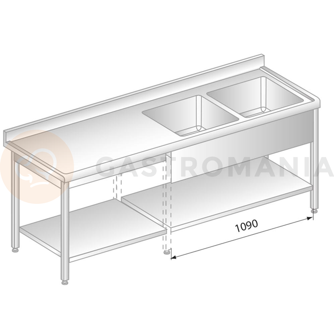 Stół przyścienny ze stali nierdzewnej z 2 zlewami, półką, rantem puszkowym i kapinosem 2600x700x850 mm | DORA METAL, DM-S-3213