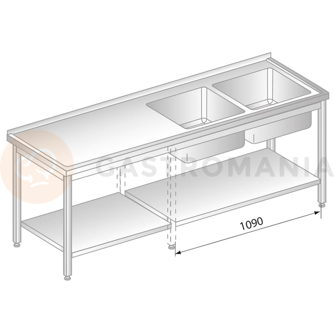 Stół przyścienny ze stali nierdzewnej z 2 zlewami i półką 2800x600x850 mm | DORA METAL, DM-3213