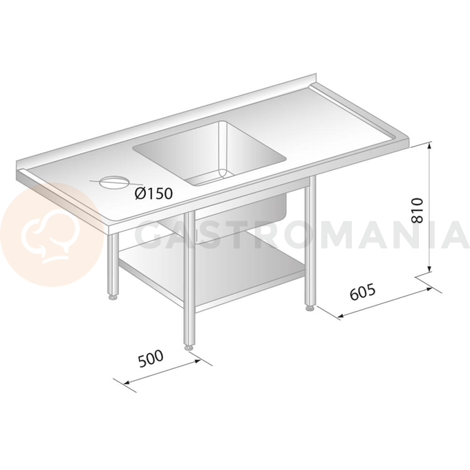 Stół przyścienny ze stali nierdzewnej z miejscem na zmywarkę, otworem na odpadki, zlewem i półką 2100x700x850 mm | DORA METAL, DM-3229