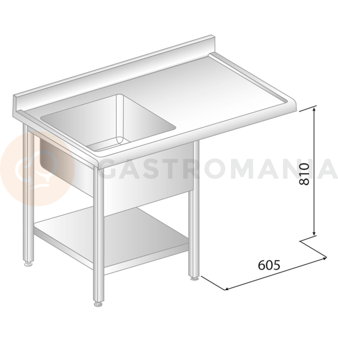 Stół przyścienny ze stali nierdzewnej z miejscem na zmywarkę, zlewem, półką, rantem puszkowym i kapinosem 1500x700x850 mm | DORA METAL, DM-S-3272