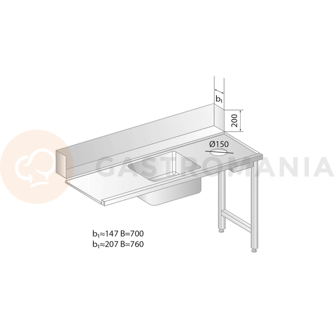 Stół załadowczy do zmywarek ze stali nierdzewnej z otworem na odpadki i zlewem 1200x700x850 mm | DORA METAL, DM-3268