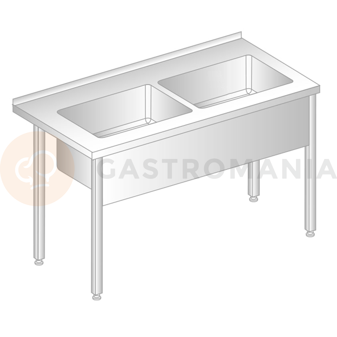 Stół przyścienny ze stali nierdzewnej z basenem dwukomorowym 1300x600x850 mm, wys. komory = 300 mm | DORA METAL, DM-3249