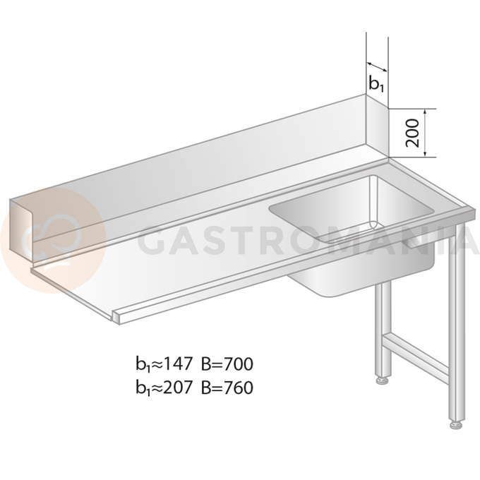 Stół załadowczy do zmywarek ze stali nierdzewnej ze zlewem 1200x700x850 mm | DORA METAL, DM-3266