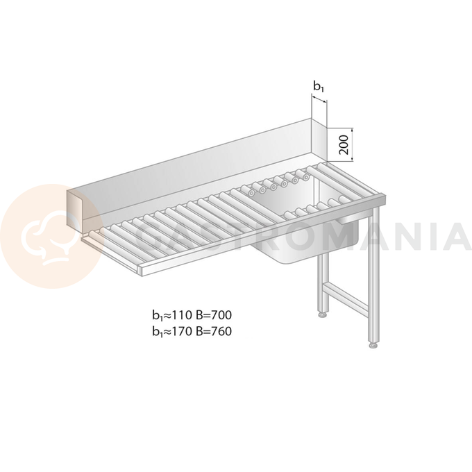 Stół załadowczy rolkowy do zmywarek ze stali nierdzewnej ze zlewem 1200x700x850 mm | DORA METAL, DM-3275