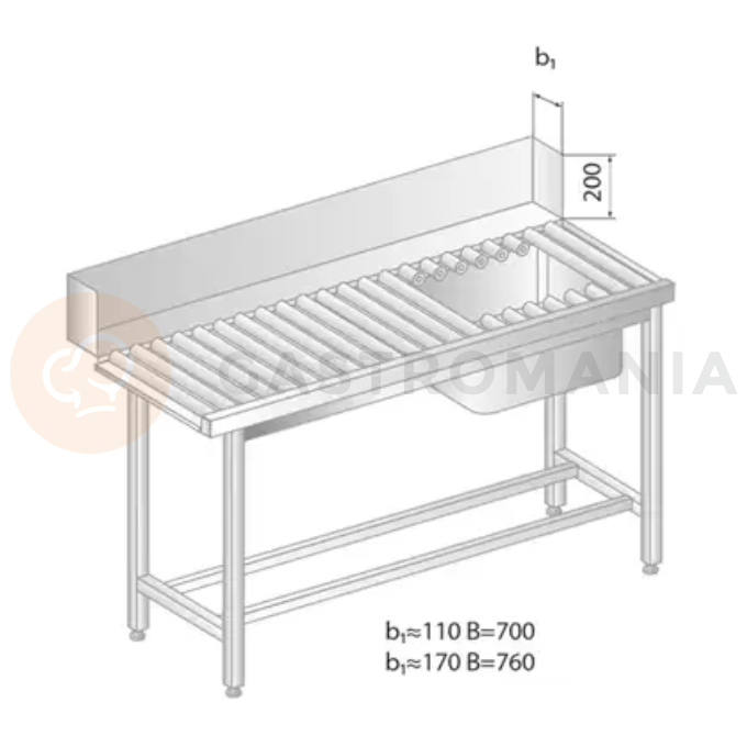 Stół załadowczy rolkowy do zmywarek ze stali nierdzewnej ze zlewem 1200x760x850 mm | DORA METAL, DM-3276