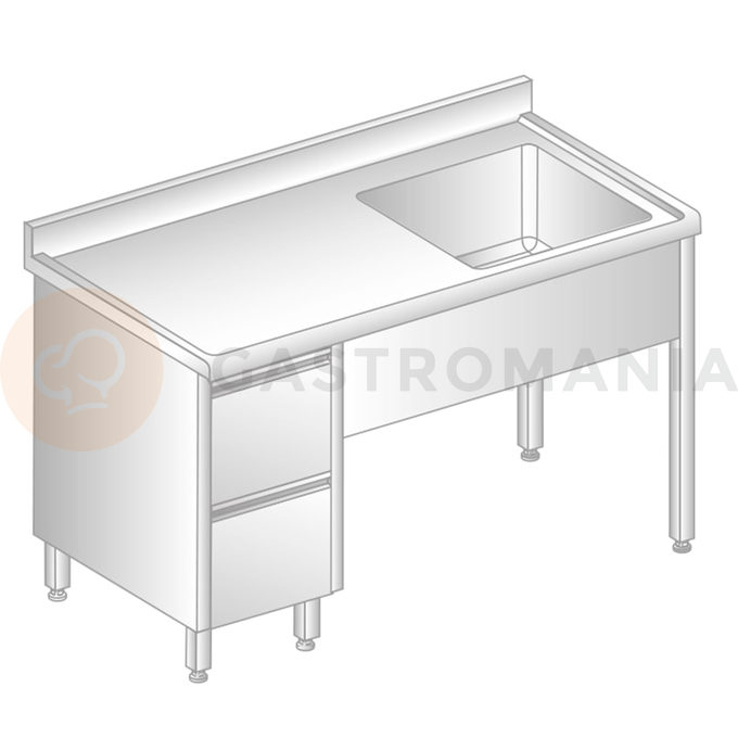 Stół przyścienny ze stali nierdzewnej ze zlewem, 2 szufladami, rantem puszkowym i kapinosem 1100x700x850 mm | DORA METAL, DM-S-3012