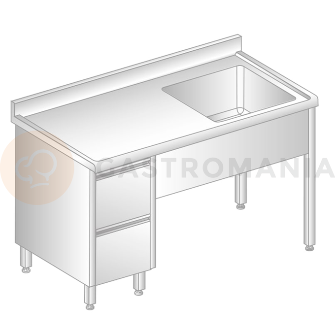 Stół przyścienny ze stali nierdzewnej ze zlewem, 2 szufladami, rantem puszkowym i kapinosem 1200x700x850 mm | DORA METAL, DM-S-3012