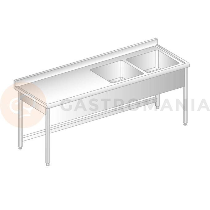 Stół przyścienny ze stali nierdzewnej z 2 zlewami, rantem puszkowym i kapinosem 1800x600x850 mm | DORA METAL, DM-S-3010