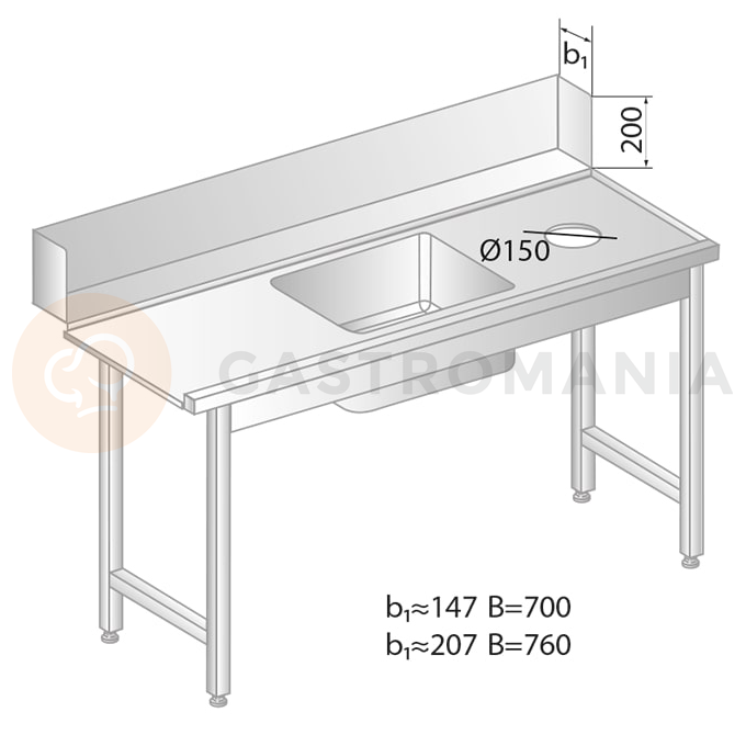 Stół załadowczy do zmywarek ze stali nierdzewnej z otworem na odpadki i zlewem 1500x700x850 mm | DORA METAL, DM-3257