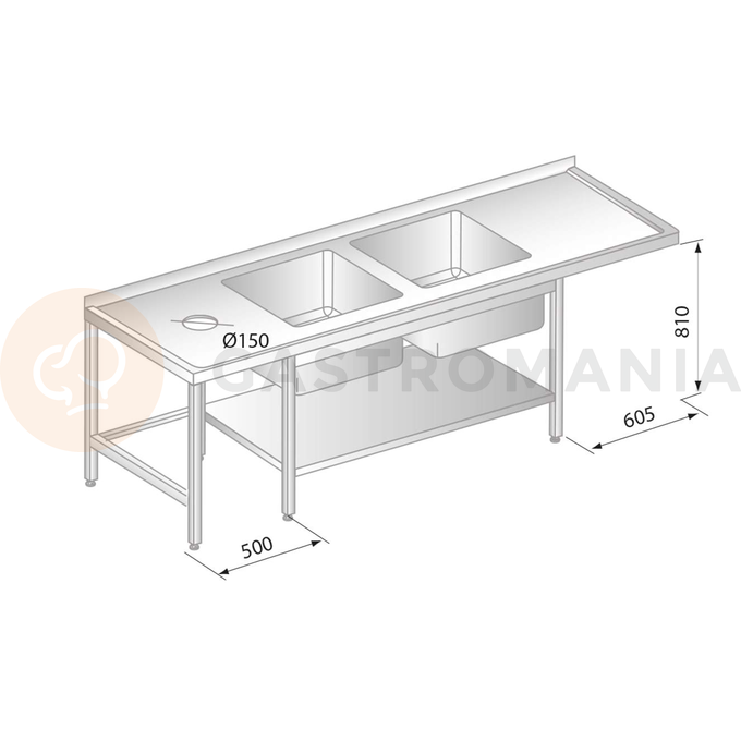 Stół przyścienny ze stali nierdzewnej z miejscem na zmywarkę, otworem na odpadki, 2 zlewami i półką 2400x700x850 mm | DORA METAL, DM-3230