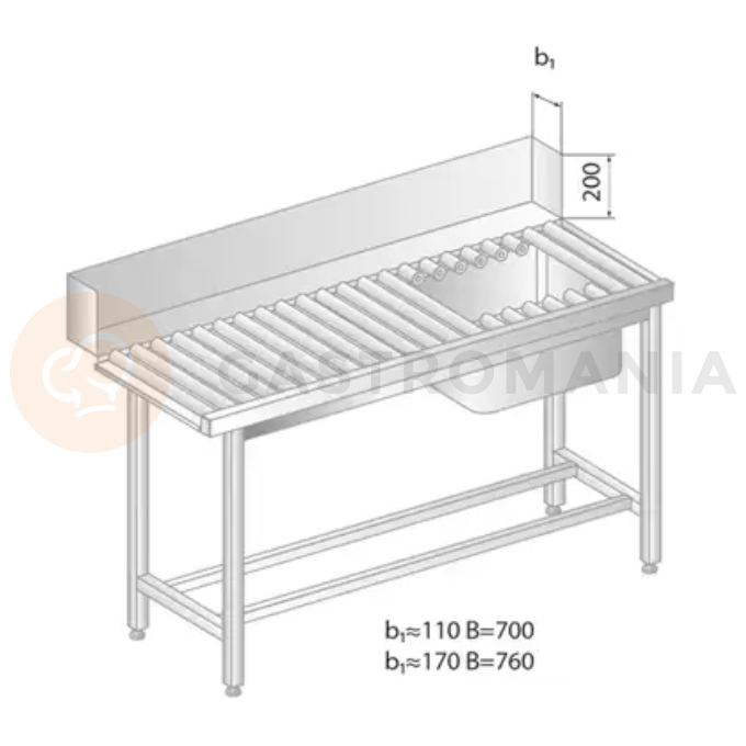 Stół załadowczy rolkowy do zmywarek ze stali nierdzewnej ze zlewem 1400x700x850 mm | DORA METAL, DM-3276
