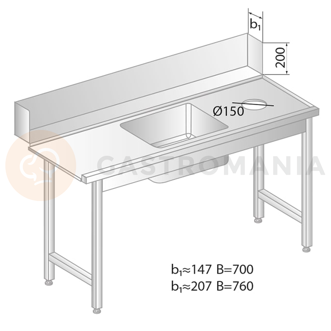 Stół załadowczy do zmywarek ze stali nierdzewnej z otworem na odpadki i zlewem 1900x760x850 mm | DORA METAL, DM-3257