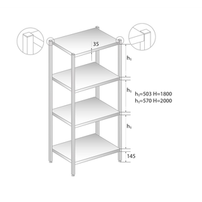 Regał magazynowy ze stali nierdzewnej z czterema półkami 1300x500x2000 mm | DORA METAL, DM-3319