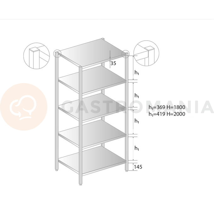 Regał magazynowy ze stali nierdzewnej z pięcioma półkami 700x700x2000 mm | DORA METAL, DM-3320