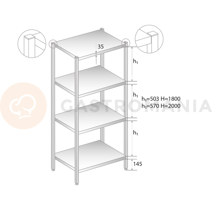 Regał magazynowy ze stali nierdzewnej z czterema półkami 1100x500x1800 mm | DORA METAL, DM-3319