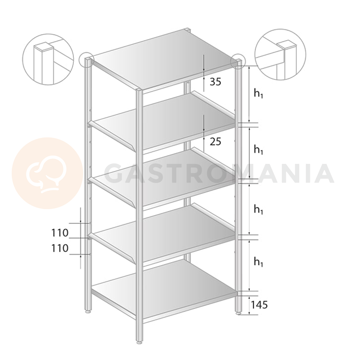 Regał magazynowy ze stali nierdzewnej z półkami przestawnymi 1200x600x2000 mm | DORA METAL, DM-3321