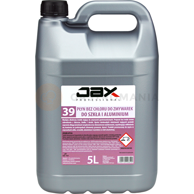 Płyn myjący bez chloru do zmywarek, do szkła, aluminium 5 l | JAX, 39