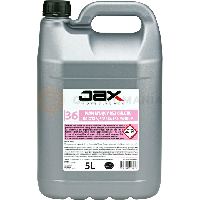 Delikatny płyn myjący bez chloru do zmywarek, do szkła, srebra i aluminium 5 l | JAX, 36