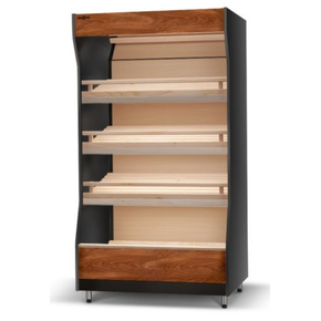 Moduł regału piekarniczego z frontem z płyty meblowej, oświetlenie LED, lustra górne, półki bukowe pochylone, boki proste z płyty meblowej, 1640x1000x1980 mm | RAPA, RP-A1