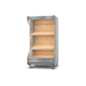 Regał warzywniczy z frontem ze stali malowanej, oświetlenie LED, lustra górne, półki bukowe pochylone, boki proste z płyty meblowej 450x1000x2030 mm | RAPA, RW-A