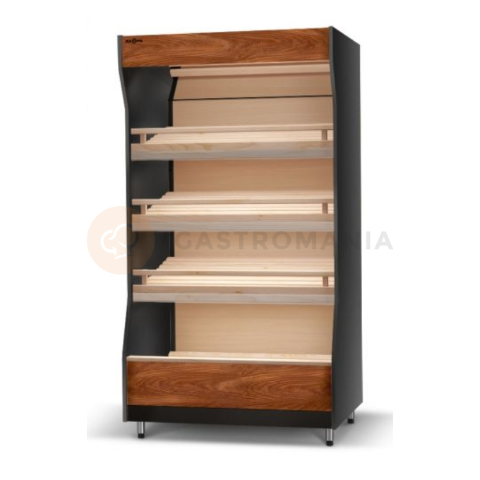 Moduł regału piekarniczego z frontem z płyty meblowej, oświetlenie LED, lustra górne, półki bukowe pochylone, boki proste z płyty meblowej, 1640x1000x1980 mm | RAPA, RP-A1