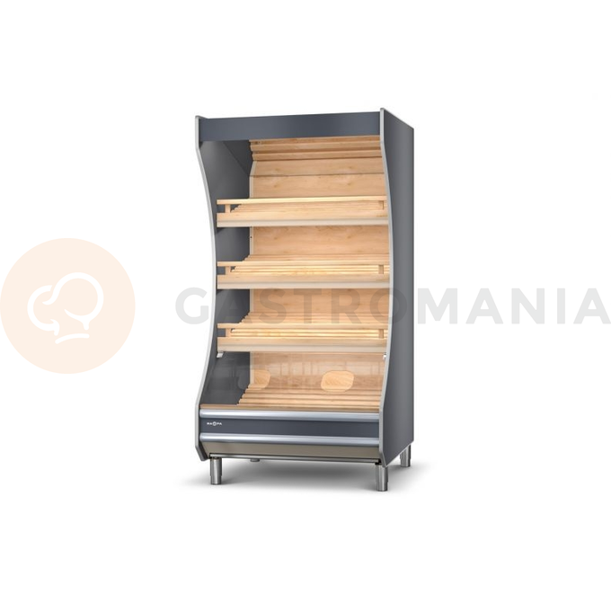 Regał piekarniczy z frontem malowanym, oświetlenie LED, lustra górne, półki bukowe pochylone, boki gięte z płyty meblowej, 860x800x2030 mm | RAPA, RP-B