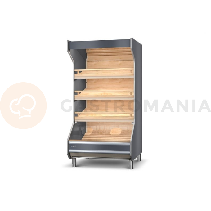 Regał piekarniczy z frontem malowanym, oświetlenie LED, lustra górne, półki bukowe pochylone, boki proste z płyty meblowej, 860x1000x2030 mm | RAPA, RP-A