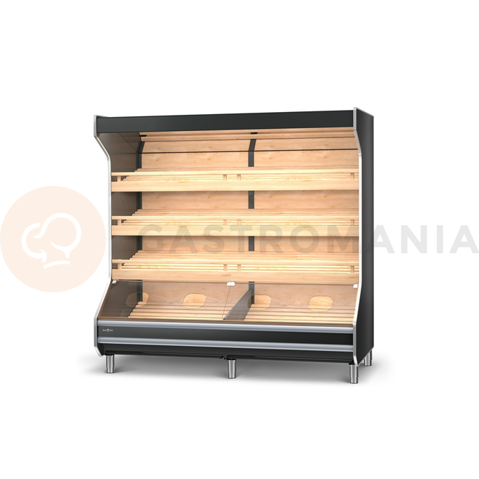 Regał piekarniczy z frontem malowanym, oświetlenie LED, lustra górne, półki bukowe pochylone, boki proste z płyty meblowej, 1440x1000x2030 mm | RAPA, RP-A