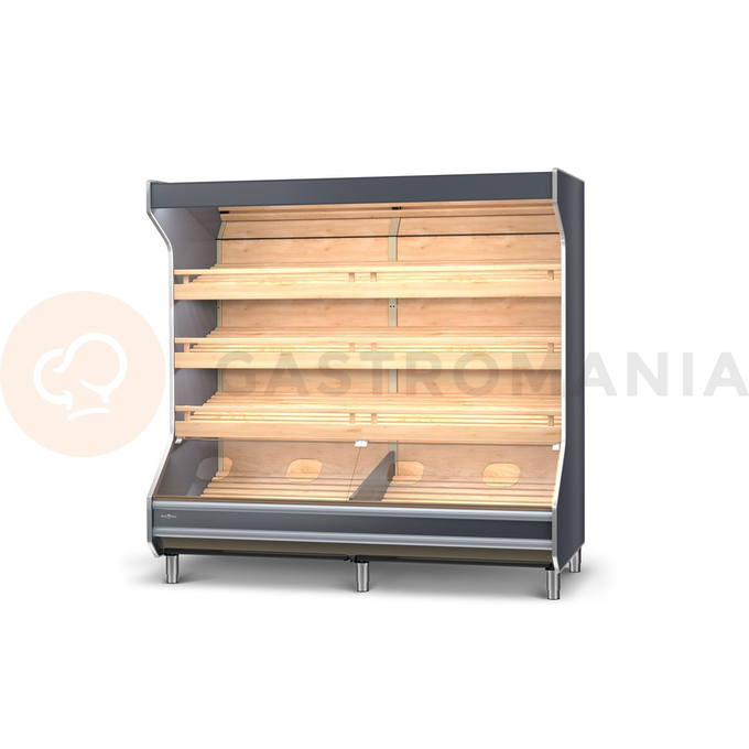 Regał piekarniczy z frontem malowanym, oświetlenie LED, lustra górne, półki bukowe pochylone, boki proste z płyty meblowej, 860x800x2030 mm | RAPA, RP-A