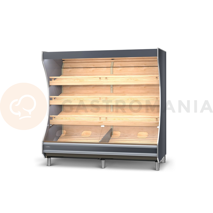 Regał piekarniczy z frontem malowanym, oświetlenie LED, lustra górne, półki bukowe pochylone, boki gięte z płyty meblowej, 860x800x2030 mm | RAPA, RP-B