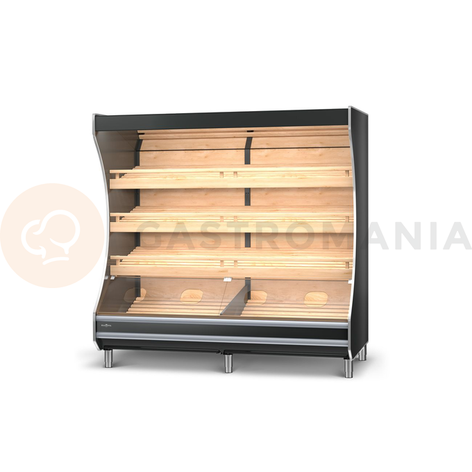 Regał piekarniczy z frontem malowanym, oświetlenie LED, lustra górne, półki bukowe pochylone, boki gięte z płyty meblowej, 860x800x2030 mm | RAPA, RP-B