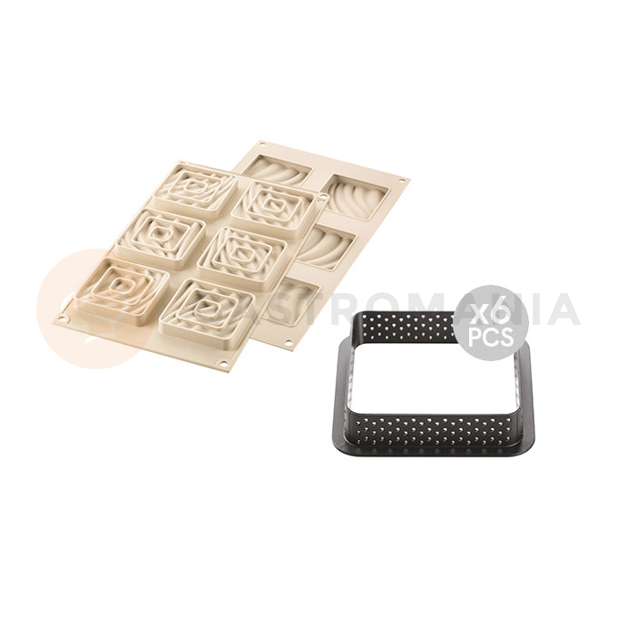 Zestaw form do tart 6 szt. - pierścień kwadrat + forma silikonowa wydmy, 6x 80x80 mm, Kit Mini Tarte Sand | SILIKOMART, Tarte Decor