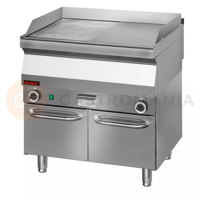 Płyta grillowa 1/2gł. + 1/2ryf. chromowana 800 mm 9,6 kW na podstawie szafkowej zamkniętej  | KROMET, 700.PBE-800GR.S.D