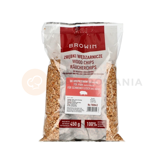 Zrębki do wędzenia/grillowania wieprzowiny 70% olcha + 30% buk, 450 g, kl. 2 | BROWIN, 780843