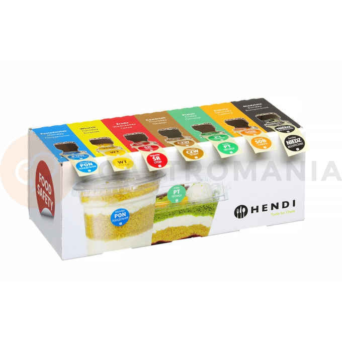 Zestaw etykiet jednorazowych Food Safety na każdy dzień tygodnia z podajnikiem, 240x80x100 mm | HENDI, 850299