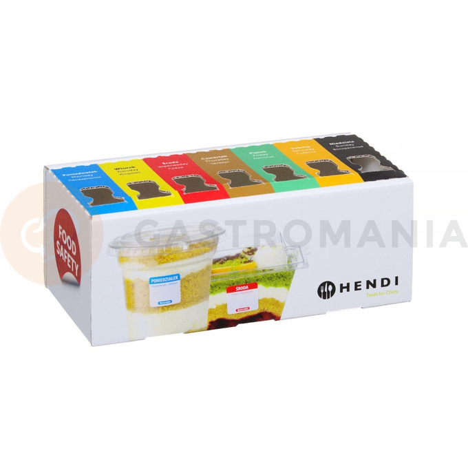 Zestaw etykiet wielorazowych Food Safety na każdy dzień tygodnia z podajnikiem, 240x80x100 mm | HENDI, 850305